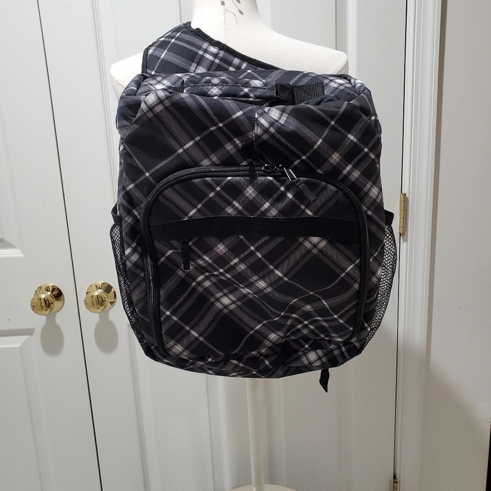 Thirty-One Pick Me Black Plaid Organizing Sling Backpack Camera Diaper Picnic